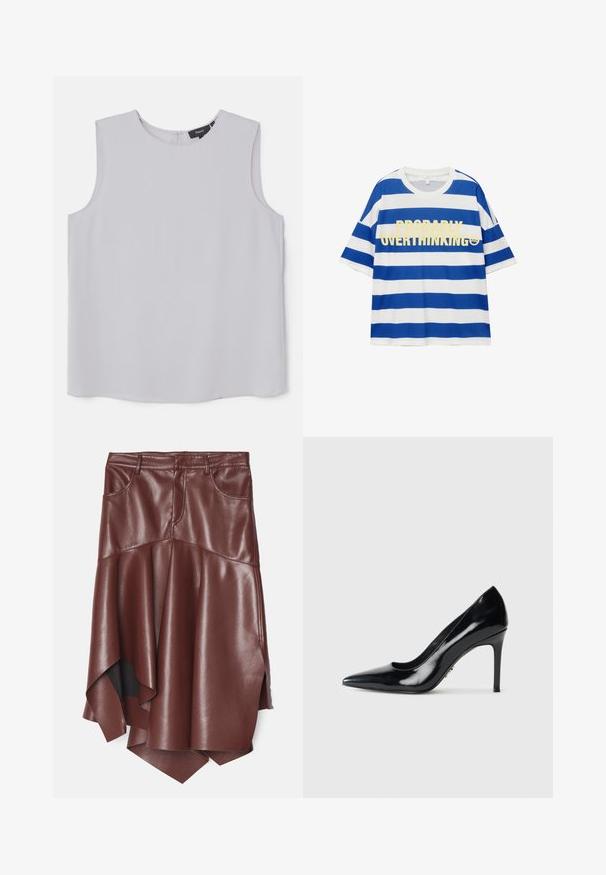 Bezramiona bluzka w jasnoszarym kolorze, wykonana z gładkiego materiału. Posiada okrągły dekolt oraz ukryty zamek błyskawiczny z tyłu do zapięcia.; Bawełniana koszulka z niebieskimi i białymi poziomymi paskami. Posiada wyraźny żółty napis "PRAWDOPODOBNIE PRZEMYŚLAM ZA DUŻO" oraz grafikę uśmiechniętej buźki. Krótkie rękawy.; Brąskowa spódnica z ekoskóry z rozkloszowanym, asymetrycznym dołem, z dwiema przednimi kieszeniami i gładką, błyszczącą fakturą.; Czarne lakierowane szpilki o szpiczastym nosku z cienką szpilką na jednolitym białym tle.