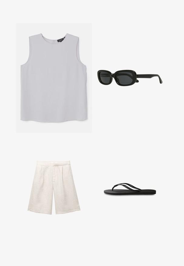 Sleeveless top in light gray, made of smooth fabric. Features a round neckline and a concealed back zipper for closure.; Beige linen shorts with a wide leg, featuring front pleats and a smooth waistband. The fabric has a slightly textured finish.; Black flip-flop featuring a textured rubber sole, two slender straps, and a subtle, embossed logo detail on the strap.; Black rectangular sunglasses with a thick frame, dark tinted lenses, and a sleek design. The arms have a smooth finish.
