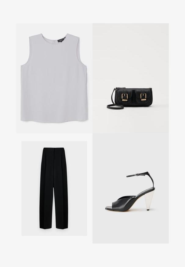 Top bez rukávov v svetlosivej farbe, vyrobený z hladkej tkaniny. Má okrúhly výstrih a skrytý zips na zadnej strane na zapínanie.; Čierne široké nohavice s vysokým pásom, so skladmi a hladkou textúrou. Tkanina vyzerá ľahko a elegantne sa drapuje.; Čierne kožené sandále na vysokých podpätkoch s otvorenou špičkou, asymetrickým dizajnom, remienkom okolo členka a kovovým kužeľovitým podpätkom. Hladká textura po celom povrchu.; Čierna kožená crossbody taška s dvoma prednými vreckami, zlatými sponami, zipsovým uzatváraním a úzkym popruhom. Štruktúrovaný povrch a kompaktný obdĺžnikový tvar.