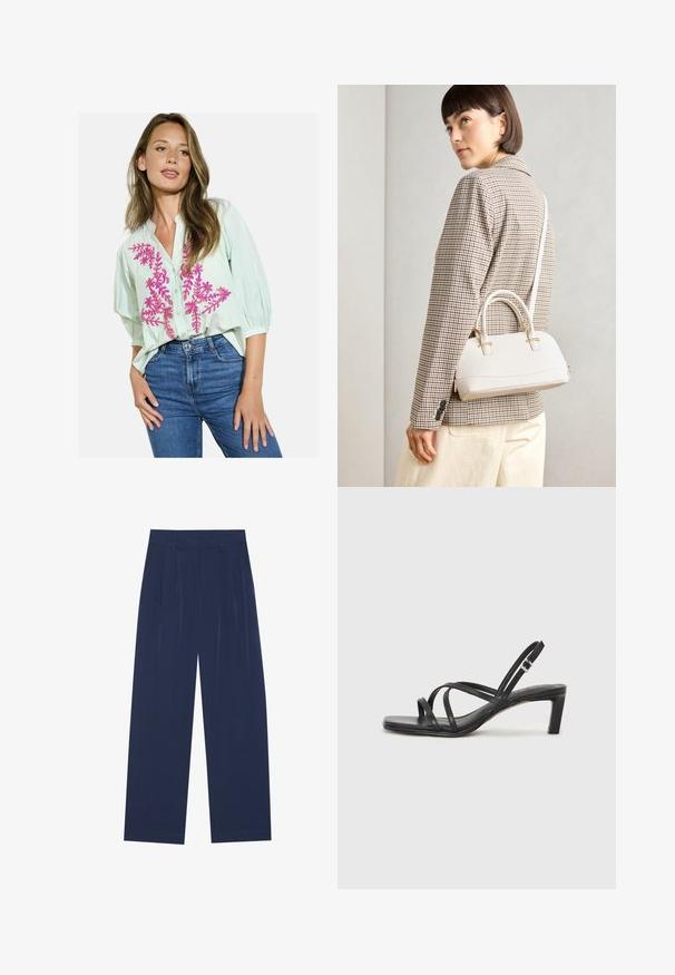 Ribetega roheline pluus roosa lilleline tikand, nööbiga ees, ja kolmeveerandi puffvarrukatega. Kantud siniste teksadega.; Tumedat sinised laiad püksid pehmest kangast, millel on esipleekid, sile pind ja sirge lõige, ilma nähtavate taskuteta.; Mustast rihmajalatsid ruudukujulise varba ja madala ploki kontsaga. Omab mitmeid õhukesi rihmasid ja reguleeritavat pahkluu rihma. Valmistatud siledast nahast.; Valge struktureeritud käekott lühikeste käepidemete ja õlavööga, millel on kuldse riistvara aktsendid ja tekstuuriga materjal, eksponeeritud halli taustal.