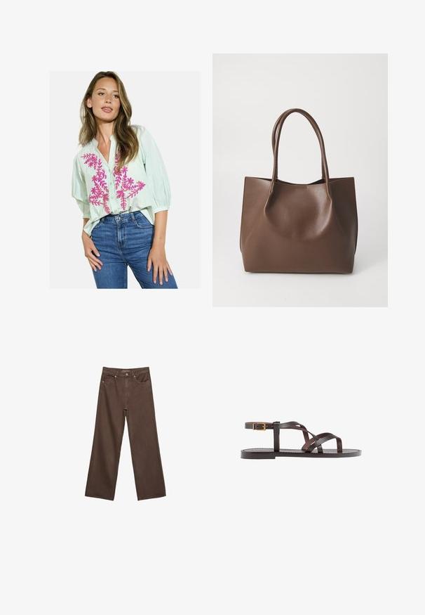 Prugasta zelena bluzo s rožnatimi vezeninami v roza barvi, s sprednjim gumbom in spodnjimi rokavi treh četrtin. Oblečena z modrimi kavbojkami.; Široke rjave kavbojke iz denima, ki imajo visok pas, sprednje žepe in klasično zapiranje na gumb. Gladka tekstura s subtilnim šivom.; Rjav usnjen sandal z načinom prečnega črta, zaklepom okoli gležnja in ravnim podplatom z minimalnimi šivi.; Rjava usnjena torba z dvema dolgima ročajema, strukturirane oblike, gladke teksture in minimalisticnega dizajna. Ni vidne strojne opreme ali dodatkov.