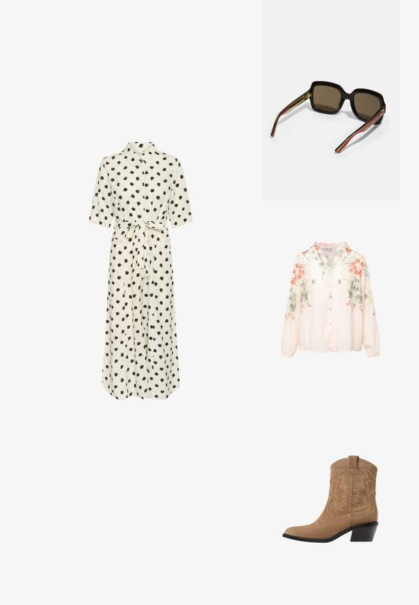 Květinová blůza se světlým krémovým podkladem, zdobená oranžovými a zelenými květy. Dlouhé rukávy, zapínání na knoflíky a výstřih do V. Měkká textura.; Krémové šaty s černými puntíky, zapínání na knoflíky vpředu, krátké rukávy a uvázaný pas. Hladká tkanina, délka po kotníky, volný silueta.; Hnědé semišové westernové kotníkové boty s špičatou špičkou, vyšívaným designem a nízkým, zúženým černým podpatkem. Obsahují poutka pro snadné obouvání.; Černé oversized sluneční brýle s hnědými skly. Mají unikátní pruhované stranice v zelené a červené barvě a zlaté kovové akcenty. Čtvercový tvar.
