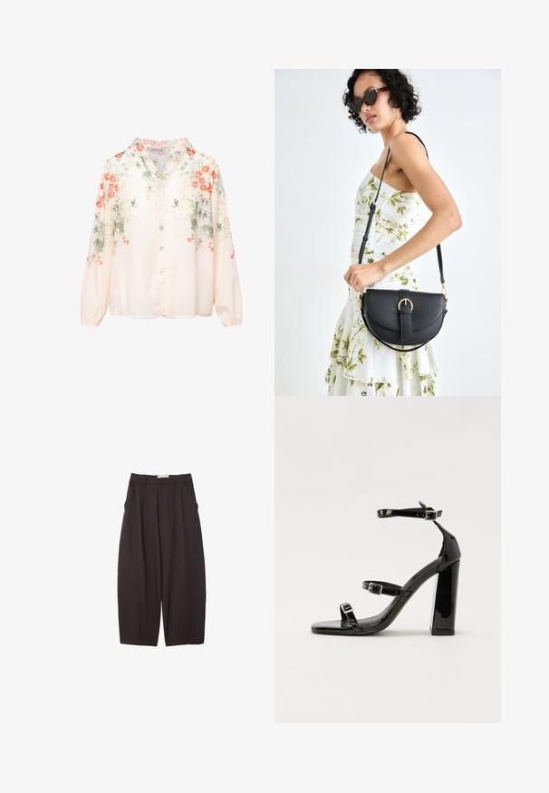 Kvetinová blúzka so svetlým krémovým základom, zdobená oranžovými a zelenými kvetmi. Dlhé rukávy, zapínanie na gombíky a výstrih do V. Jemná textura.; Čierne široké nohavice vyrobené z hladkej tkaniny, s vysokým pásom, prednými skladmi a bočnými vreckami. Jednoduchý dizajn bez ozdôb.; Čierne lakované sandále na podpätku so štvorcovou špičkou, navlečenými remienkami okolo členku a striebornými prackami. Disponujú masívnym blokovým podpätkom pre stabilitu.; Čierna kožená kabelka s zaobleným tvarom, odnímateľným popruhom a zlatými doplnkami. Kabelka má klopu s detailom s prackou.