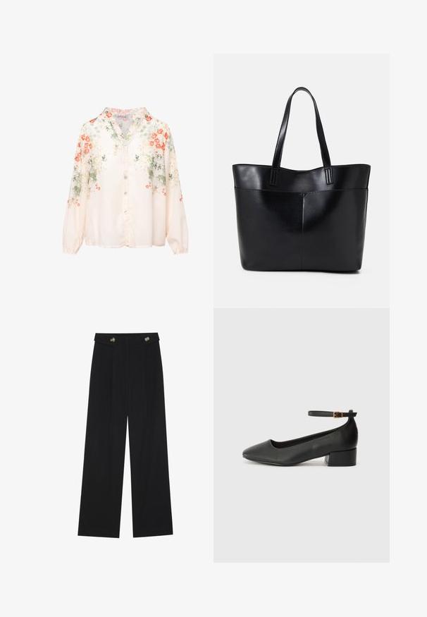 Bloes met bloemenmotief op een lichtcrème basis, met oranje en groene bloemen. Lange mouwen, knoopsluiting en een V-hals ontwerp. Zacht van textuur.; Zwarte wijde broek met hoge taille, knoopdetails op de tailleband en plooien aan de voorkant.; Zwarte leren pump met een spitse neus en een lage blokhak. Beschikt over een enkelband met een goudkleurige gespsluiting. Gladde textuur.; Zwarte leren tote bag met twee lange handvatten, een zachte textuur en een gestructureerde vorm. Voorzien van een voorvak voor extra opslagruimte.
