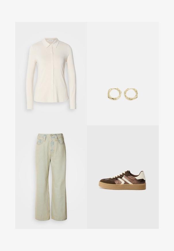 Long-sleeve button-up shirt in light cream, made of smooth fabric. Features a classic collar and front buttons. Simple, fitted design.; Light blue wide-leg jeans made of denim, featuring a high waist, five pockets, and subtle fading with contrasting stitching accents.; Brown and cream sneakers with a combination of suede and satin materials, featuring three diagonal stripes and a textured gum sole.; Gold hoop earrings with a textured, irregular shape. Features a seamless closure and a polished surface finish, emphasizing a modern design.