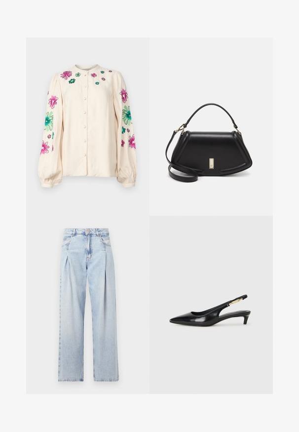 Camisa color crema con cuello redondo, mangas largas abullonadas y un vibrante bordado floral en rosa y verde en los hombros y las mangas.; Jeans de mezclilla azul claros con cintura alta, corte de pierna ancha, dos bolsillos laterales y un diseño plisado. Textura suave con un acabado deslavado.; Tacones negros de piel sintética tipo slingback con punta afilada, que cuentan con un tacón delgado y un detalle en tono dorado en la correa ajustable. Textura suave.; Bolso de mano de cuero negro con un diseño estructurado, que presenta una forma recortada, asa superior y acentos en dorado. Correa de hombro ajustable incluida.