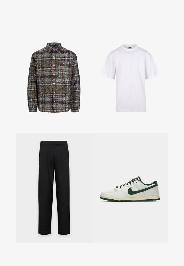 Veste en flanelle à carreaux bruns et bleus, en tissu texturé ; dotée d'une poche poitrine et d'une fermeture à boutons.; T-shirt en coton blanc avec un col rond, des manches courtes et une coupe décontractée. Présente un design uni sans motifs ni accents.; Pantalons noirs en tissu lisse, avec une coupe droite, deux plis avant et une taille standard avec passants de ceinture.; Baskets basses blanches avec un swoosh Nike vert foncé, des lacets et des accents de semelle, présentées en profil sur un fond blanc uni.