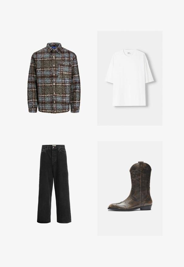 Bruine en blauwe geruite overhemdenjas van textuurstof; heeft een borstzak en knoopsluiting.; Witte t-shirt met korte mouwen, gemaakt van katoen, met een ronde halslijn en een relaxte pasvorm. Gladde textuur, zonder zichtbare patronen of accenten.; Zwarte wijde jeans gemaakt van denim stof. Heeft een hoge taille, twee voorklepjes, een knoopsluiting en subtiele stikseldetails.; Bruine leren cowboylaars met een hoge schacht, spitse neus, ingewikkelde stikpatronen en een kleine hak. Gevarieerde afwerking overal.