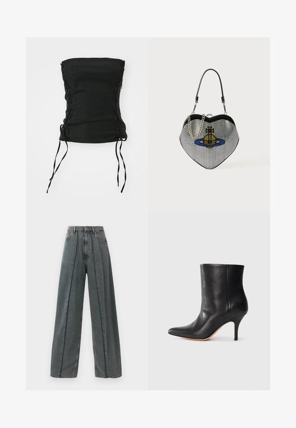 Weekday IMA LACE UP CORSET - Top - black; Wide-leg dark gray denim jeans with high waist, frayed seam details running vertically down the front, and classic five-pocket design.; Black leather ankle boot with pointed toe, slim stiletto heel, and smooth texture. Minimalist design with no visible hardware or accents.; Heart-shaped handbag made of mesh with a metallic finish, featuring a cat and planet design in blue, yellow, and red. Includes a chain strap.