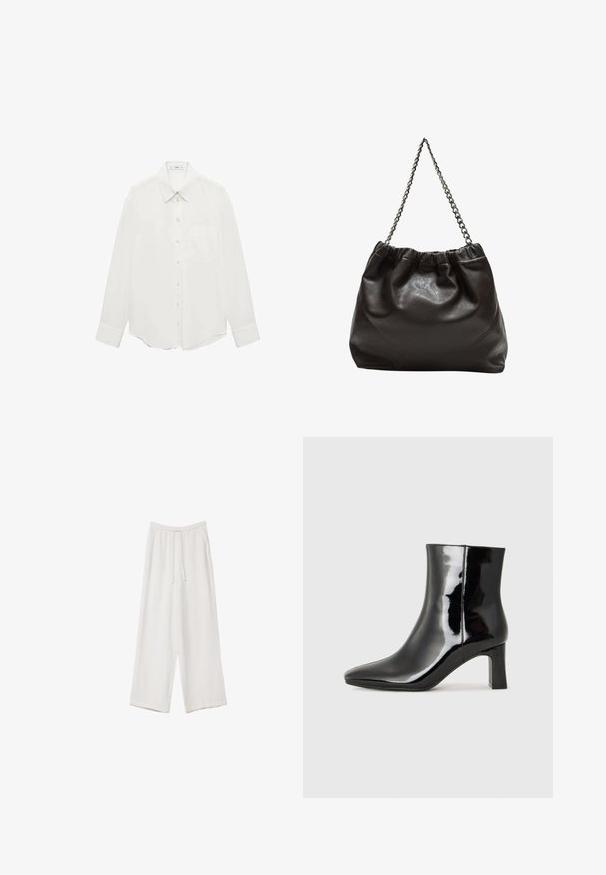 Mango Blúzka so zapínaním na gombíky - off-white; Biele široké nohavice vyrobené z ľahkej tkaniny. Obsahujú elastický pás so sťahovacou šnúrkou a bočné vrecká. Hladká textúra.; Čierne lakované členkové topánky s špicatou špičkou a stredne vysokým blokovým podpätkom. Hladká textúra a minimalistický dizajn.; Hnedá kožená taška so zberaným vrchom a reťazovým popruhom. Hladký povrch s lesklým finišom a jemným švom po stranách.