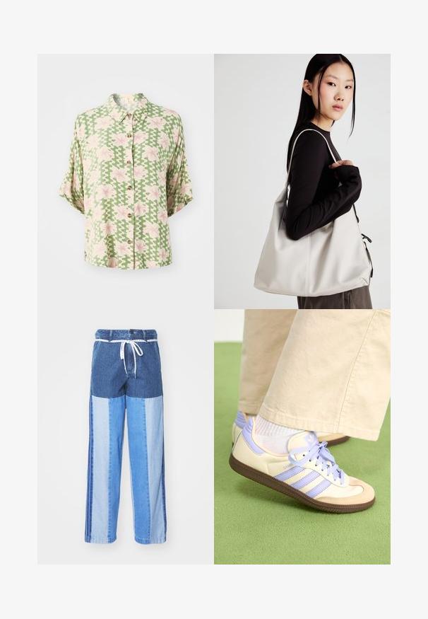 Camicia a maniche corte con bottoni in tessuto verde, caratterizzata da un motivo ondulato bianco e dettagli floreali rosa. Presenta un colletto e una vestibilità ampia.; Pantaloni in denim blu con un design a patchwork in diverse sfumature di blu, vita con cordoncino e gambe ampie e dritte.; Sneakers crema e lavanda con tre strisce e suola marrone texturizzata, dotati di lacci e tallone imbottito. Parte superiore in tessuto morbido.; Borsa a mano beige realizzata in materiale morbido, caratterizzata da un design morbido, dettagli cuciti e due manici. Adatta per l'uso quotidiano.