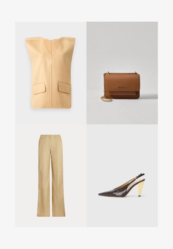 Bež brezrokavnik z V-izrezom, ki ima dve sprednji žepni krpici in mehko teksturo, zasnovan z minimalnimi šivi za moderen videz.; Bež hlače širokega kroja iz gladkega bombaža, z klasičnim pasom in zadnjim žepom, ravnim krojem in minimalnimi detajli.; Slingback peto s koničastim nosom, v temno rjavi sijoči umetni krokodilji usnjeni različici. Ima zlate geometrijske pete in nastavljiv ankel trak.; Rjava teksturirana usnjena torba čez ramo z zlatim verižnim trakom in zapiranjem na pokrov. Spredaj je vidna podrobnost logotipa in žep pod pokrovom.