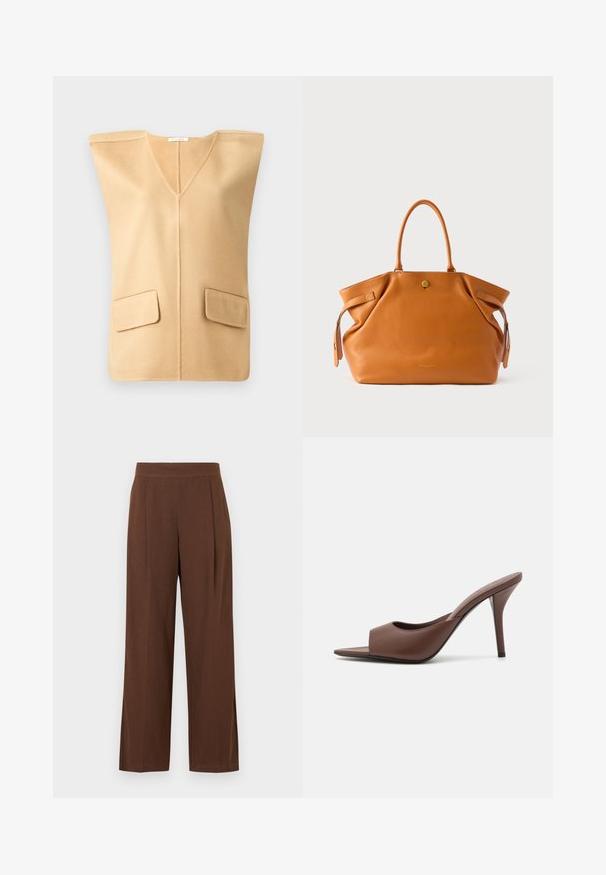 Beige sleeveless vest with a V-neck, featuring two front patch pockets and a soft texture, designed with minimal seams for a modern look.; Brown wide-leg trousers with a smooth texture, featuring a flat front and pleats. The waistband is elasticized for comfort and fit.; Brown leather open-toe high-heeled mules with a sleek design, featuring a wide front strap and a slender stiletto heel.; Tan leather tote bag with two sturdy handles, a top zip closure, and side accents. Features a textured surface and a gold emblem at the front.