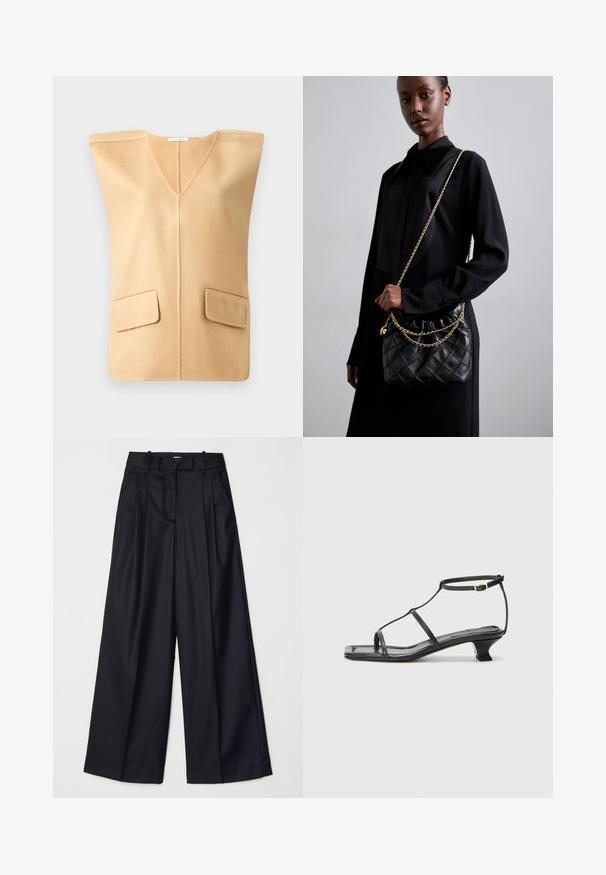 Bežinė be rankovių liemenė su V formos kaklu, turinti dvi priekinės kišenės ir minkštą tekstūrą, sukurta su minimaliais siūlais moderniam vaizdui.; Juodos plačios kojų kelnės, pagamintos iš lygaus audinio, su aukštu liemeniu, klostėmis ir pritaikytu dizainu. Paprasta juoda detalių sistema liemens srityje.; Juodas odinis sandalai su kvadratiniu pirštu, plonomis dirželiais, reguliuojamu kulkšnies dirželiu ir žemu kulnu. Yra nedidelis aukso akcentas ant dirželio.; Juodas susegamas odinis rankinukas su susiraukšlėjusia viršuje, auksine grandine ir stačiakampiu pavidalu, laikomas prieš paprastą foną.