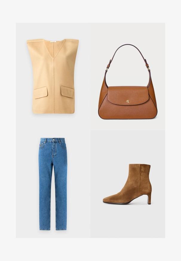 Beige sleeveless vest with a V-neck, featuring two front patch pockets and a soft texture, designed with minimal seams for a modern look.; Denim jeans in medium blue with a straight cut, five pockets, a button fly, and light fading on the fabric for subtle texture variation.; Brown suede ankle boot with pointed toe and slim mid-height heel, side view on plain white background.; Brown leather handbag with a structured design, a flat top flap, and a single curved strap. Features gold hardware with embossed logo.