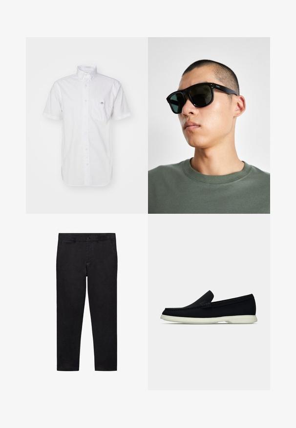 Bela kratka srajca z gumbi, izdelana iz lahkotnega bombaža, z žepom na prsih in diskretnim logotipom na žepu. Gladka površina.; Črne hlače z gladko, mat teksturo. Prilegajoč kroj, en gumb na zapiranju in dva sprednja žepa. Čista, preprosta zasnova.; Črne slip-on čevlje z zaobljenim nosom, ki imajo strukturirano zgornji del, gladek bel podplat in subtilen logotip na strani.; Črne pravokotne sončna očala s temnimi lečami, ki imajo značilno obliko in blagovno znamko na ročaju. Nosijo jih oseba v zeleni majici.