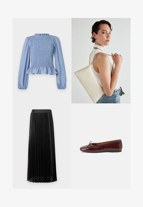 Lyseblå smockbluse med lange ermer, volangkant i halsen, peplumkjole og strukturert stoff som har et krøllemønster.; Plisseret svart skjørt med en glatt midje, laget av lett stoff. Har skarpe, vertikale plisser og et design som går til midten av leggen.; Burgunderrød lakk lær ballettleilighet med rund tå, liten sløyfe foran og en lav, svart gummisåle. Glatt tekstur.; Hvit rektangulær clutch-veske laget av blankt materiale, med en sølvkjede-stropp. Modellen poserer og viser vesken mot en ensfarget bakgrunn.