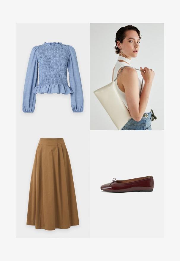 Lyseblå smockbluse med lange ermer, volangkant i halsen, peplumkjole og strukturert stoff som har et krøllemønster.; Brun bomull A-linje skjørt med høy midje, med folder foran og en jevn tekstur. Kantene er rene og enkle.; Burgunderrød lakk lær ballettleilighet med rund tå, liten sløyfe foran og en lav, svart gummisåle. Glatt tekstur.; Hvit rektangulær clutch-veske laget av blankt materiale, med en sølvkjede-stropp. Modellen poserer og viser vesken mot en ensfarget bakgrunn.