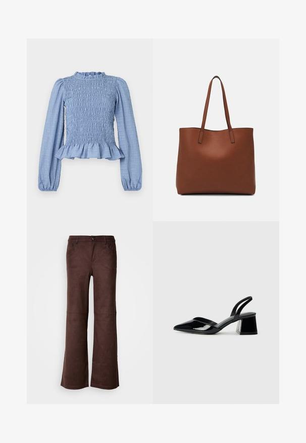 Light blue smocked blouse with long sleeves, ruffled neckline, peplum hem, and textured fabric featuring a crinkle pattern.; Brown flared pants in a soft, suede-like fabric. Features four pockets, a button fastening, and a smooth, textured surface.; Black patent leather slingback heels with a pointed toe and a geometric block heel. Features a sleek, minimal design and smooth texture.; Brown leather tote bag with a smooth texture, open top design, and two shoulder straps. Features minimal stitching and no visible hardware.