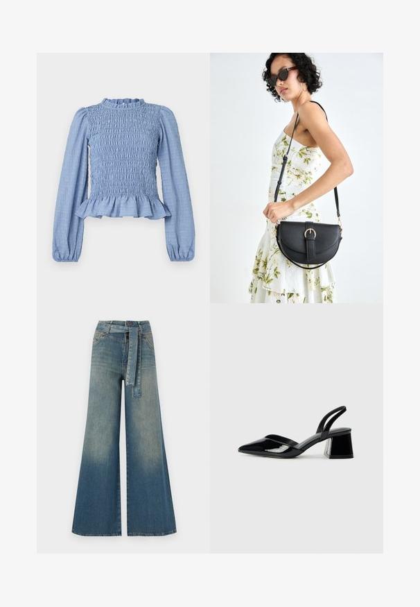 Lyseblå smockbluse med lange ermer, volangkant i halsen, peplumkjole og strukturert stoff som har et krøllemønster.; Bredde ben jeans med en lyseblå til mørkeblå gradient, høyt liv, beltehemper og et matchende belte i samme stoff. Teksturert denimoverflate.; Svarte patentlær slingback hæler med spiss tå og geometrisk blokk hæl. Har et stilrent, minimalistisk design og jevn tekstur.; Svart lærveske med en buet form, avtagbar stropp og gullbeslag. Vesken har et klaff med spenne-detall.