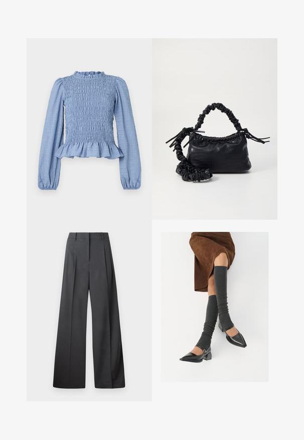 Blusa azul clara com pregas, mangas longas, decote franzido, bainha peplum e tecido texturizado com padrão enrugado.; Calças de perna larga em tecido cinza escuro, apresentando uma cintura alta, pregas simples e uma textura suave com um acabamento limpo nas bainhas.; Sapatos pretos de pele lacada com biqueira pontuda, salto bloco e tiras no tornozelo, combinados com caneleiras cinzas em malha e uma saia de camurça castanha.; Bolsa de mão em couro sintético preto com textura de crocodilo, topo franzido e alça enrugada. Apresenta um design suave e compacto.