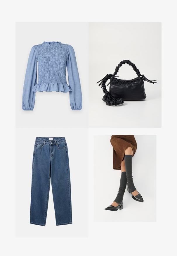 Vaaleansininen smokkipaido, jossa on pitkät hihat, röyhelökaulus, peplum-helma ja teksturoitu kangas, jossa on rutistuskuvio.; Classiset siniset farkut suoran lahkeen muotoilulla, viidellä taskulla ja napillakaan. Ominaisuudet: keskivahva pesu ja kestävä rakenne.; Musta lakattu nahkakengät teräväkärkisillä, leveällä kantapäällä ja nilkkahihnalla, yhdistettynä harmaisiin ribattuihin säärystimiin ja ruskeaan mokkasiinimekkoon.; Must-have mustekahvi nahkalaukku krokotiiliaistalla, kiristetty yläosa ja rypistetty hihna. Näyttää pehmeältä ja kompaktilta muotoilultaan.