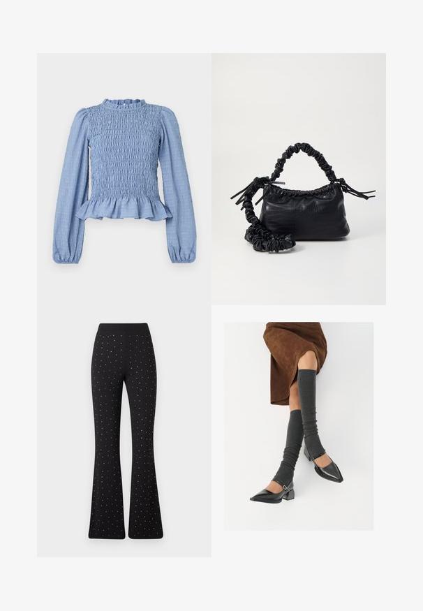 Heled sinine smockitud pluus pikkade varrukatega, volangidega kaelus, peplum-hem ja tekstuurne kangas, millel on kortsuline muster.; Mustad flared püksid ühtlaselt jaotatud väikeste valgete täppidega ja lihtne vöökohaga valge tausta ees.; Mustad patsaline odav värviga kingad, millel on kreen ja pahkluuring, on paaritatud hallide ribakudumitega sääremiidega ja pruunist nahast seelikuga.; Must must sünteetilisest nahast käekott, millel on krokodillimuster, kokku tõmmatav ülaosa ja kortsus rihm. Tundub pehme ja kompaktne disain.