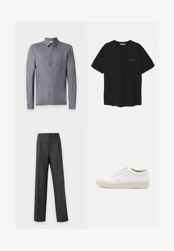 Camisa de botones de manga larga color gris con un cuello clásico, que cuenta con una tela ligera y texturizada y seis botones en la parte delantera.; Camiseta de algodón negra con cuello redondo, mangas cortas y un estampado de logo blanco en el lado izquierdo del pecho. Diseño simple y de color sólido.; Pantalones gris ajustados hechos de una tela texturizada, con dos pliegues frontales y un diseño de pierna recta. Sin bolsillos visibles ni adornos.; Zapatilla blanca de cuero con un acabado texturizado, punta redonda, suela de goma beige y seis ojales para cordones grises, con un discreto logotipo en el lateral.