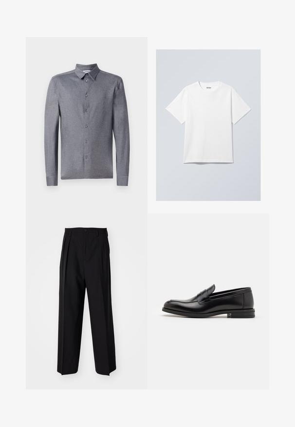 Sivá dolgorna majica s kratkimi rokavi in klasičnim ovratnikom, izdelana iz lahkega, teksturiranega blaga, s šestimi sprednjimi gumbi.; Bela bombažna majica s kratkimi rokavi in okroglim ovratnikom ter sproščenim krojem. Ima blagovno znamko "WEEKDAY" na ovratu.; Črne nabirane hlače s ravnim, širokim krojem. Narejene so iz gladkega materiala in imajo zadrgo ter pasne zanke.; Črne usnjene loafer čevlje z gladko teksturo, zaobljenim nosom in dekorativnim trakom čez zgornji del. Nizka zložena peta, minimalističen dizajn.