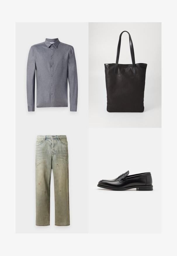Camisa de botones de manga larga color gris con un cuello clásico, que cuenta con una tela ligera y texturizada y seis botones en la parte delantera.; Jeans de mezclilla desgastados en verde claro, con corte recto, diseño de cinco bolsillos y decoloración desigual con manchas de pintura.; Mocasines de cuero negro con una textura suave, puntera redondeada y una tira decorativa en el empeine. Tacón bajo apilado, diseño minimalista.; Bolsa tote de lona negra con asas de cuero negro. Diseño sencillo, cuerpo espacioso y textura suave. Sin logos ni patrones visibles.