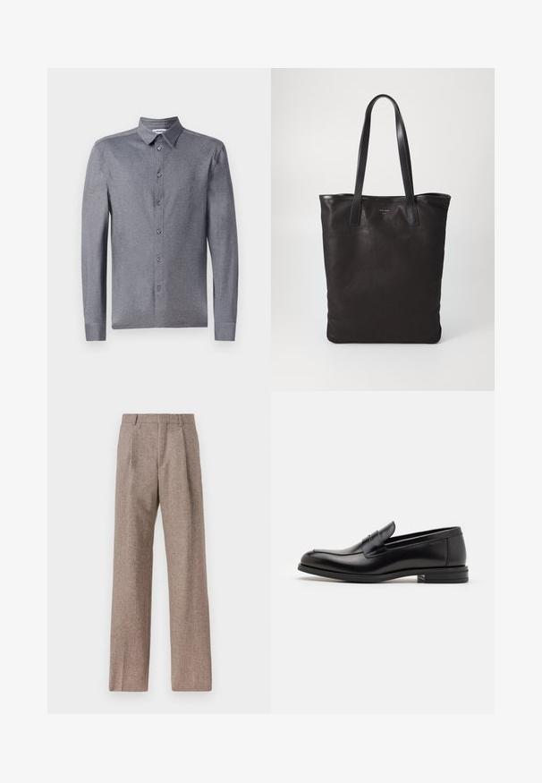 Sivá košeľa s dlhým rukávom a klasickým golierom, vyrobená z ľahkej textúrovanej tkaniny a s šiestimi prednými gombíkmi.; Hnedé, vysoké nohavice vyrobené z texturovanej látky. Majú široké nohavice a dva predné záhyby pre štruktúru. Úhľadné spracovanie bez viditeľného kovania.; Čierne kožené mokasíny s hladkou textúrou, zaoblenou špičkou a dekoračným pásikom cez priehlavok. Nízky vrstvený opätok, minimalistický dizajn.; Čierna plátená taška s čiernymi koženými ušami. Jednoduchý dizajn, priestranné telo a hladká textúra. Žiadne viditeľné logo ani vzory.