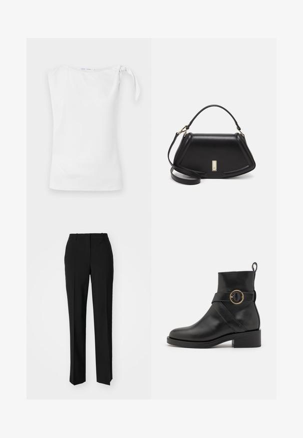 Hvit ermeløs topp med en asymmetrisk halslinje og en knyttedetalj på venstre skulder, laget av et glatt, lett stoff.; Sorte skreddersydde bukser med rett silhuett, med en glatt tekstur og klare pressede bretter foran. Ingen synlig maskinvare.; BOSS IRYNA BOOTIE - Platåstøvletter - black; Sort lærveske med en strukturert design, som har en avkortet form, topphåndtak og detaljer i gull. Justerbar skulderstropp inkludert.
