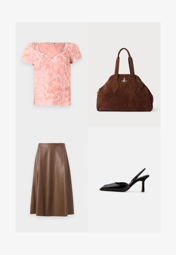 Rosa Oberteil aus strukturiertem Stoff mit geschichteten Rosenmustern, kurzen Ärmeln und V-Ausschnitt. Verfügt über weiche, dreidimensionale Akzente.; Brauer A-Linie Rock aus Leder mit glatter Textur und mittellangem Saum. Verfügt über einen taillierten Bund und eine leichte Ausweitung ab den Hüften.; Schwarzer Leder Slingback-Absatz mit spitz zulaufender Zehenpartie, minimalistisches Design, dünner Knöchelriemen und eleganter Stiletto-Absatz. Glatte Textur.; Braune Wildleder-Handtasche mit strukturiertem Design, abgerundeter Form und länglichen, diamantförmigen Griffen. Mit einem silbernen Metallverschluss ausgestattet.