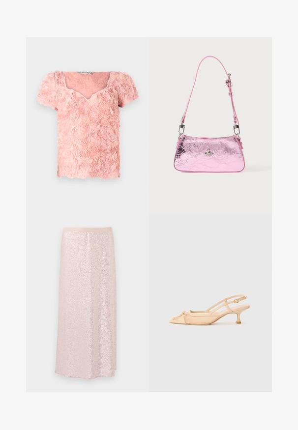 Pink top made of textured fabric with layered rose patterns, short sleeves, and a V-neck design. Features soft, three-dimensional accents.; Pink sequin skirt with a smooth waistband, featuring a textured surface and a knee-length A-line design. Reflective sequins create a shimmering effect.; Stuart Weitzman KITTY - Classic heels - beige/barely beige; Pink metallic handbag with a crinkled texture, an adjustable strap, and silver hardware. Features a small emblem on the front.