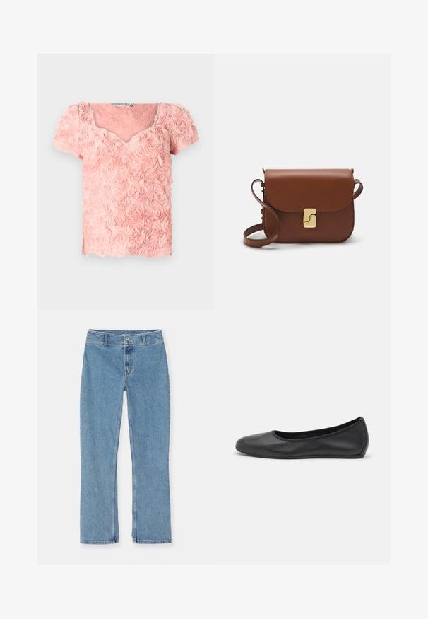 Rózsaszín felső, texturált anyagból, rétegezett rózsás mintákkal, rövid ujjakkal és V-nyakkivágással. Lágy, háromdimenziós részletekkel rendelkezik.; Fehér, rövid ujjú póló ribbed anyagból. Kerek nyakkivágás, normál szabás és diszkrét varrási részletek. Nincsenek minták vagy grafikák.; Világoskék egyenes lábú farmernadrág gombos és cipzáras záródással, övhurkokkal és alap varrással fehér háttérrel.; Fekete bőr balettcipő lekerekített orral, sima tekstúrával, minimális varrással és rugalmas talp kialakítással.; Barna bőr kézitáska, hajtókás zárással, arany színű fém kiegészítőkkel, vállpánttal és sima felülettel. Kompakt téglalap alakú.