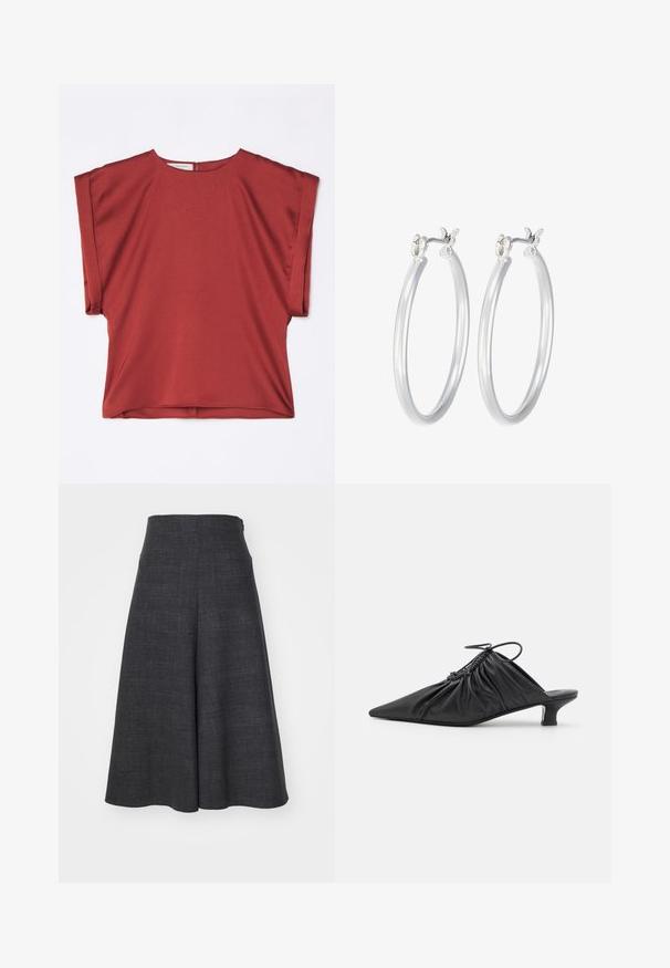 Haut rouge à manches courtes en tissu lisse avec un col rond et une coupe ample. Il possède une fermeture éclair au dos et un design à épaules tombantes.; Culottes gris foncé en tissu texturé, avec une taille haute, une coupe évasée et des poches latérales, offrant une finition lisse sans éléments visibles.; Mules noirs en cuir à enfiler avec un bout pointu, une texture froncée et un petit talon aiguille. Présente un détail à cordon au niveau de l'ouverture.; Boucles d'oreilles en argent avec une finition lisse et polie. Forme ronde et fermeture à clip sécurisée. Design léger adapté pour un port quotidien.