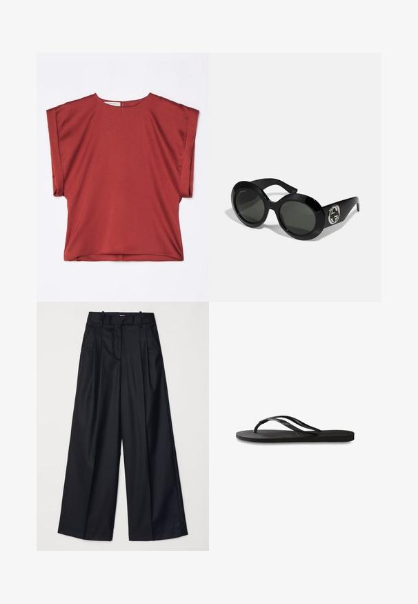 Punainen, lyhythihainen paita, joka on valmistettu sileästä kankaasta, pyöreä pääntie ja rento istuvuus. Sisältää takana olevan vetoketjun ja roikkuva olkapää -suunnittelun.; Musta leveälahkeinen housut, jotka on valmistettu sileästä kankaasta. Niissä on korkea vyötärö, laskoksia ja räätälöity muotoilu. Yksinkertaiset mustat metalliosat vyötäröllä.; Mustat flip-flopit, joissa on röpelöinen kumipohja, kaksi hoikkaa remmiä ja hillitty, kohokuvioitu logotyyli remmissä.; Mustat ylisuuret aurinkolasit, joissa on sileä, kiiltävä pinta, varustettuna vihreillä linsseillä ja hopeavärisellä toisiinsa kytkeytyvällä logolla sivussa.