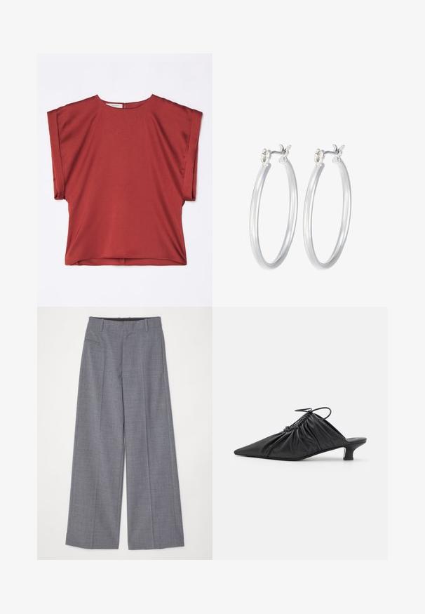 Rotes, kurzärmeliges Oberteil aus glattem Stoff mit Rundhalsausschnitt und lockerer Passform. Verfügt über einen Reißverschluss auf der Rückseite und einen gesenkten Schulternschnitt.; MM6 Maison Margiela PANTS - Stoffhose - grey melange; Schwarze Leder-Mules zum Hineinschlüpfen mit spitzer Zehe, geraffter Textur und kleinem Kitten-Heel. Verfügt über ein Zugbanddetail am Öffnung.; Silberne Creolen mit einer glatten, polierten Oberfläche. Runder Form und sicherem Klickverschluss. Leichtes Design, geeignet für den täglichen Gebrauch.