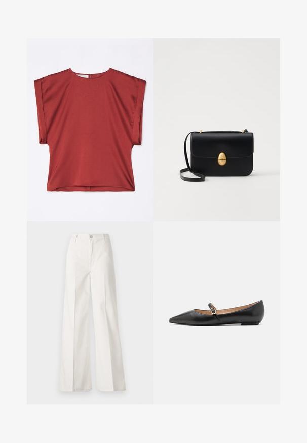 Vörös, rövid ujjú felső sima anyagból, kerek nyakkivágással és laza fazonnal. Hátul cipzárral és eső vállú dizájnnal rendelkezik.; Fehér, bővebb nadrág, amely pamutból készült, sima textúrával. Elöl gombbal, cipzáras záródással és négy zsebes kialakítással rendelkezik.; Fekete bőr balettlapok hegyes orral és oldalsó pánttal, amelyen egy kör alakú arany dísz található. Könnyű, lapos talpú.; Fekete bőr kézitáska, struktúrált, téglalap alakú formával. Arany ovális kapoccsal és vékony vállpánttal rendelkezik. Sima textúrájú.