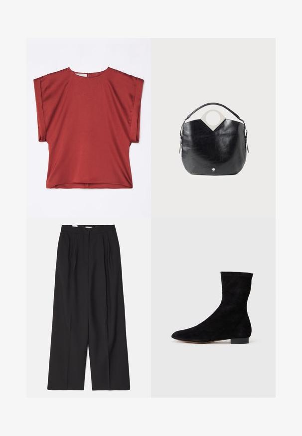 Top roșu, cu mânecă scurtă, fabricat dintr-un material neted, cu decolteu rotund și croială lejeră. Are un fermoar la spate și un design cu umeri căzuți.; Bally Pantaloni - black; Cizme scurte din suede negre, cu un știft ajustat, vârful ascuțit și un toc mic, pătrat. Textură netedă și design minimalist, potrivite pentru un stil versatil.; Geantă din piele neagră cu o formă curbată, mânere superioare circulare și detalii cu logo argintiu. Textură netedă și un design notabil cu decupaje.
