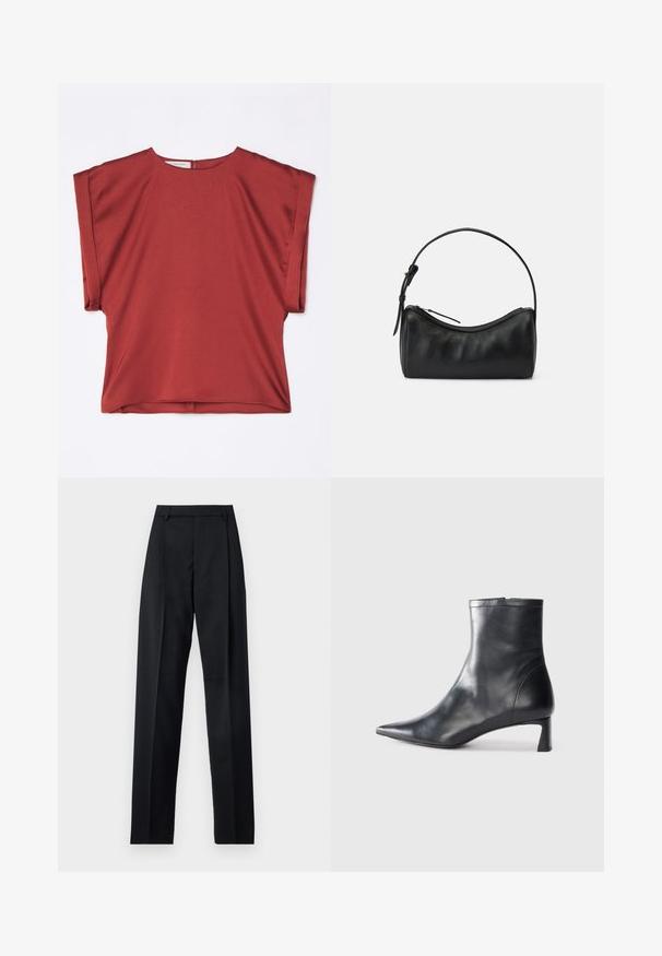 Rotes, kurzärmeliges Oberteil aus glattem Stoff mit Rundhalsausschnitt und lockerer Passform. Verfügt über einen Reißverschluss auf der Rückseite und einen gesenkten Schulternschnitt.; Schwarze Hosen aus glattem Stoff mit hoher Taille, weitem Bein, vorderen Falten und klassischen Gürtelschlaufen. Keine sichtbaren Seitentaschen.; Schwarze Lederstiefelette mit spitzer Zehe und schlankem Design. Verfügt über einen niedrigen Absatz und einen Reißverschluss hinten. Glatte Textur.; Schwarze Leder-Umhängetasche mit geschwungenem Design, Reißverschluss und schmalem Trageriemen. Hat eine glatte Textur und dezente Nahtdetails.