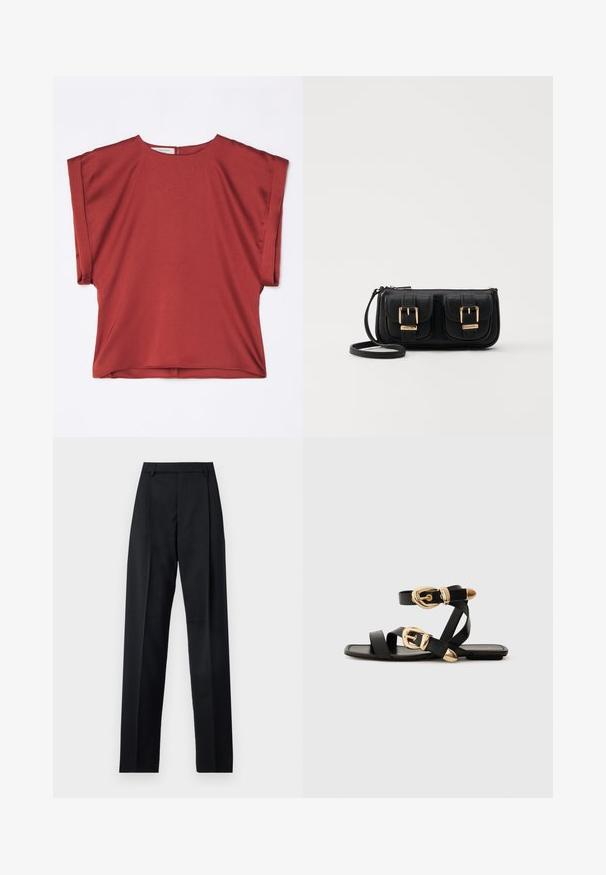 Rotes, kurzärmeliges Oberteil aus glattem Stoff mit Rundhalsausschnitt und lockerer Passform. Verfügt über einen Reißverschluss auf der Rückseite und einen gesenkten Schulternschnitt.; Schwarze Hosen aus glattem Stoff mit hoher Taille, weitem Bein, vorderen Falten und klassischen Gürtelschlaufen. Keine sichtbaren Seitentaschen.; Schwarze Ledersandalen mit goldenen Schnallenakzenten, die mehrere Riemen und ein flaches Sohlendesign für das Tragen mit offenen Zehen bieten.; Schwarze Leder-Umhängetasche mit zwei vorderen Taschen, goldenen Schnallen, Reißverschluss und einem schmalen Tragegurt. Texturierte Oberfläche und kompakte rechteckige Form.