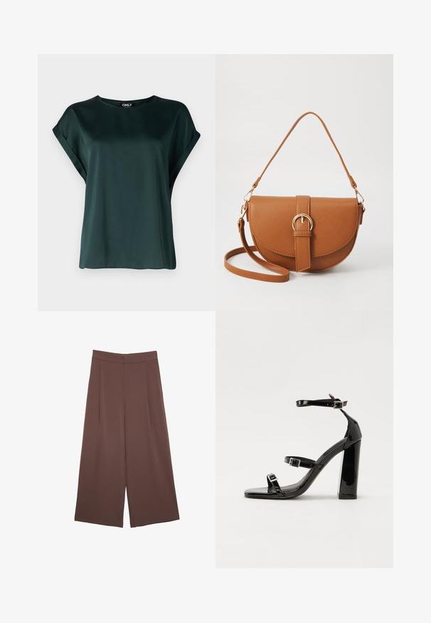 Dunkelgrüne Bluse mit schlichtem Design, aus glattem Stoff gefertigt. Verfügt über kurze, gerollte Ärmel und einen runden Ausschnitt.; Braune Weite-Leg-Hosen mit einer glatten Textur, hoher Taille und Vorderfalten. Der Stoff ist leicht und fällt locker.; Schwarze patentierte Sandalen mit Absatz, quadratischer Spitze, Knöchelriemen und silbernen Schnallen. Mit einem stabilen Blockabsatz für mehr Stabilität.; Braune Leder-Crossbody-Tasche mit geschwungener Form, goldfarbenen Beschlägen und einer Schnallenakzentuierung. Verfügt über einen abnehmbaren Schultergurt.