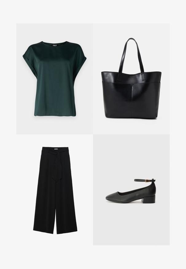 Mörkgrön blus med en enkel design, tillverkad av slät tyg. Har korta, uppvikta ärmar och rund halsringning.; Svarta vida byxor med texturerad tyg, elastisk midja och en avtagbar käppknut i midjan för justerbar passform.; Svart läderpump med spetsig tå och en låg klack. Har en ankelsnodd med en guldtonad spänne. Slät textur.; Svart läder tote-väska med två långa handtag, en slät yta och en strukturerad form. Har en framficka för extra förvaring.