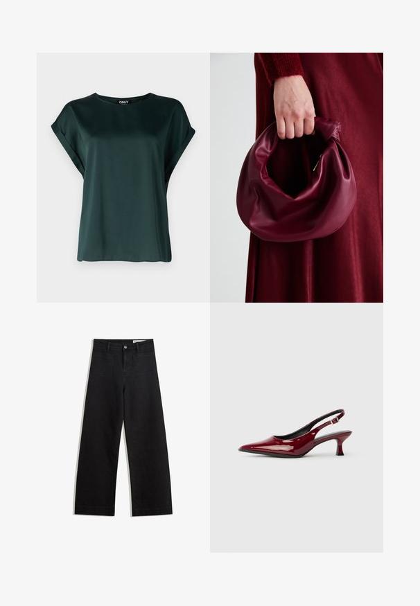 Mörkgrön blus med en enkel design, tillverkad av slät tyg. Har korta, uppvikta ärmar och rund halsringning.; Svarta vida denimbyxor med hög midja, med fram- och bakfickor, sydda sömmar och knappstängning. Slät textur.; Burgundy lackläder slingback klackar med spetsig tå och en elegant stiletto-häl. Öppen bakdesign med justerbar ankelrem.; Burgundy läderhandväska med en mjuk, samlad design och rundad form. Handtaget är säkrat och visar en slät yta.