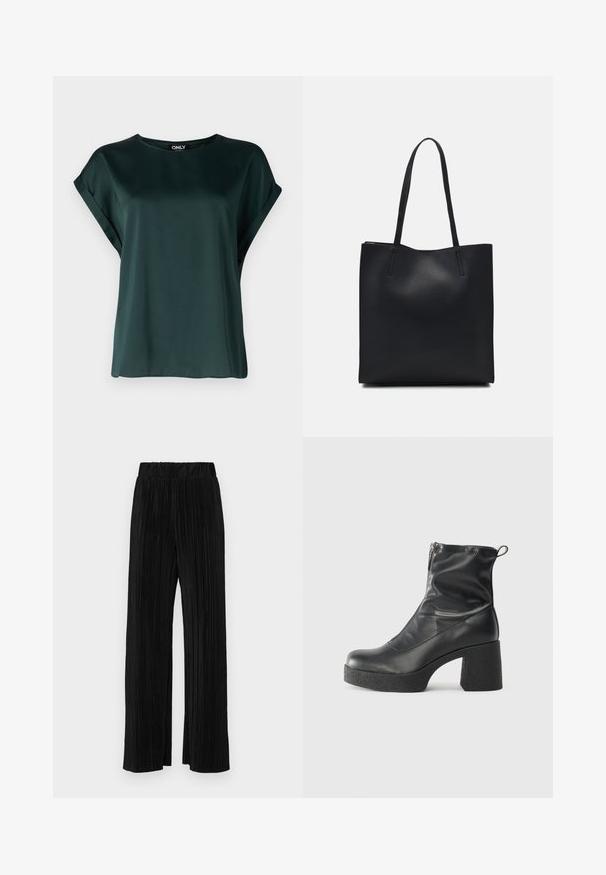 Tmavo zelená blúzka s jednoduchým dizajnom, vyrobená z hladkej látky. Má krátke, rolované rukávy a okrúhly výstrih.; Čierne plisované nohavice s elastickým pásom. Majú široké nohavice a hladkú, textúrovanú látku s vertikálnymi pruhmi.; Čierne členkové topánky z hladkej kože, so bočným zipsom, robustnou textúrovanou pätnou časťou a zaobleným dizajnom špičky.; Čierna kožená taška na rameno s hladkým povrchom, obdĺžnikovým tvarom a dvoma dlhými uchami. Bez viditeľného kovania alebo ozdôb.