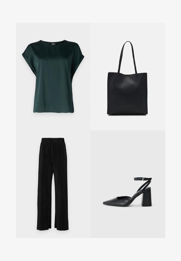 Mørkegrønn bluse med et enkelt design, laget av glatt stoff. Den har korte, rullede ermer og rund halsringning.; Sorte plisserte bukser med elastisk midje. Har vide ben og et glatt, strukturert stoff med vertikale striper.; Svart lær pumps med spiss tå, ankelrem og kraftig hæl. Flat tekstur, strømlinjeformet design og minimalisme.; Svart lær tote bag med glatt tekstur, rektangulær form og to lange håndtak. Ingen synlige deler eller dekorasjoner.