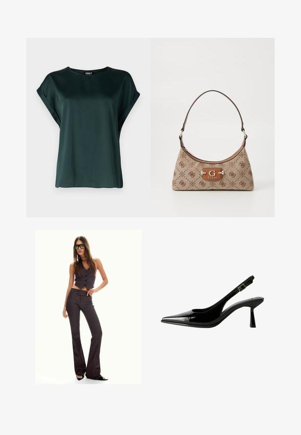 Blouse vert foncé au design simple, fabriquée en tissu lisse. Dotée de manches courtes à revers et d'un col rond.; Gilet court à rayures marron et pantalons évasés, avec des boutons et un tissu texturé. Chaussures noires à bout ouvert et lunettes de soleil surdimensionnées.; Racine à talon en cuir verni noir avec un nez pointu, des côtés découpés, une bride de cheville ajustable et un talon fin et élégant.; Sac fourre-tout en tissu beige avec des accents en motif marron. Présente une forme courbée, une seule sangle et une plaque logo à l'avant avec des accessoires en argent.