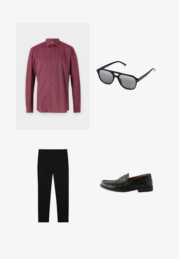 Bordowa koszula z długim rękawem, delikatnym wzorem w kratę, kołnierzykiem zapinanym na guziki oraz zapinana z przodu na guziki. Wykonana z gładkiego, lekkiego materiału.; Białe bawełniane topy na ramiączkach, bez rękawów, okrągły dekolt, gładka faktura, wykonane z miękkiej, lekkiej tkaniny. Wyeksponowane dwa egzemplarze.; Czarne spodnie o kroju dopasowanym z zapięciem na guzik, szlufkami na pasek i prostymi, wąskimi nogawkami, prezentowane na białym tle.; Czarne skórzane mokasyny o gładkim wykończeniu, zaokrąglonym czubku, ręcznie szytych detalach oraz niskiej gumowej podeszwie. Klasyczny i uniwersalny design.; Czarne okulary przeciwsłoneczne z prostokątnymi oprawkami, szarymi soczewkami i wycięciem w mostku. Gładki, błyszczący materiał plastikowy, z wąskimi zausznikami.