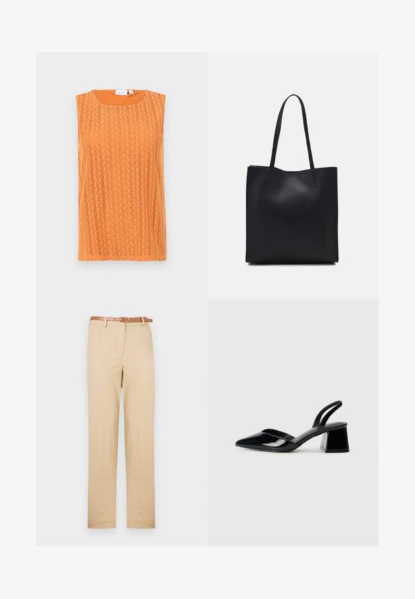 Sleeveless orange top with a textured, open knit pattern and a round neckline. Material appears lightweight and breathable.; Beige chinos made of lightweight fabric, featuring a straight cut, side pockets, and a brown leather belt with a rectangular buckle.; Black patent leather slingback heels with a pointed toe and a geometric block heel. Features a sleek, minimal design and smooth texture.; Black leather tote bag with smooth texture, rectangular shape, and two long handles. No visible hardware or embellishments.